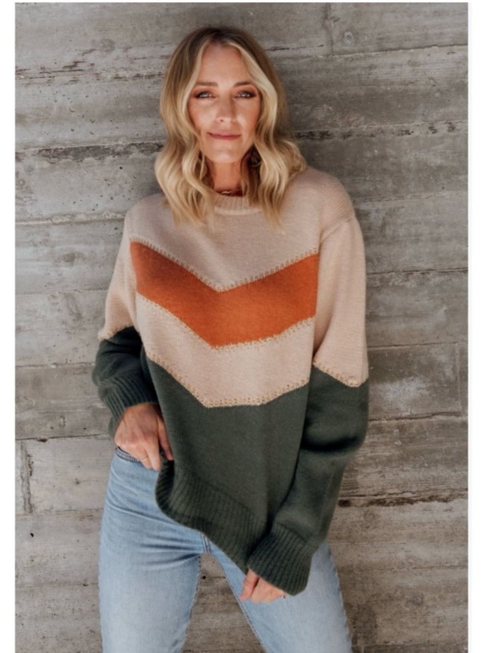 Baltic Born Rowen Colorblock Chevron Striped Crewneck Pullover Sweater Tan Small